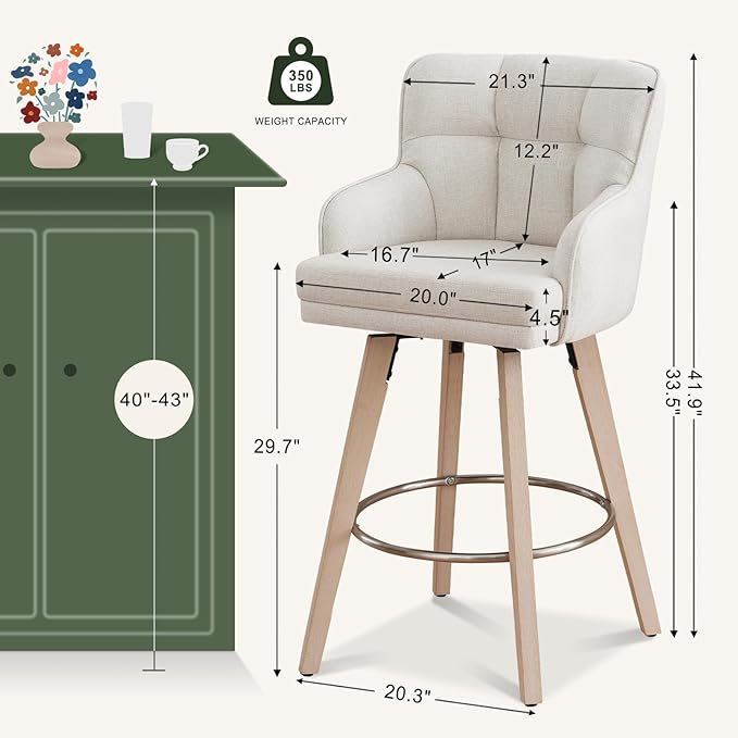 360°Swivel Counter Height Bar Stools with Back, 30 inch Solid Wood Legs, Bar Stool Modern Kitchen Island Chairs, Fabric (Beige- Fabric, 30" H- Set of 2)