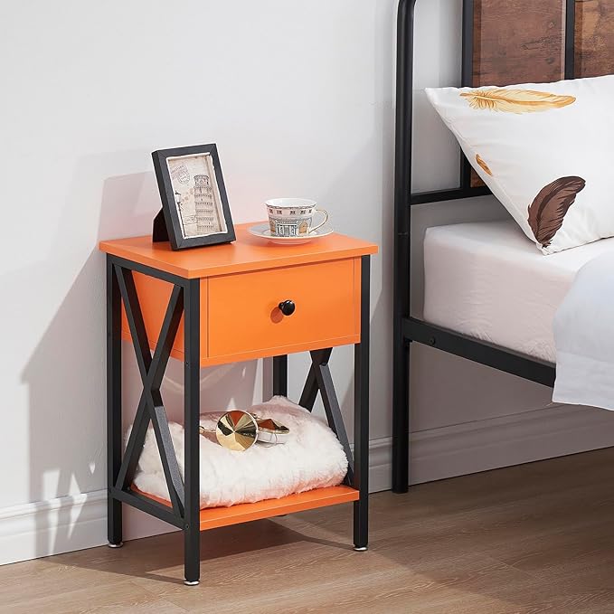 VECELO End Tables, Modern Nightstand with Drawer & Shelf, Night Stand for Bedroom Living Room,Industrial Metal Frame