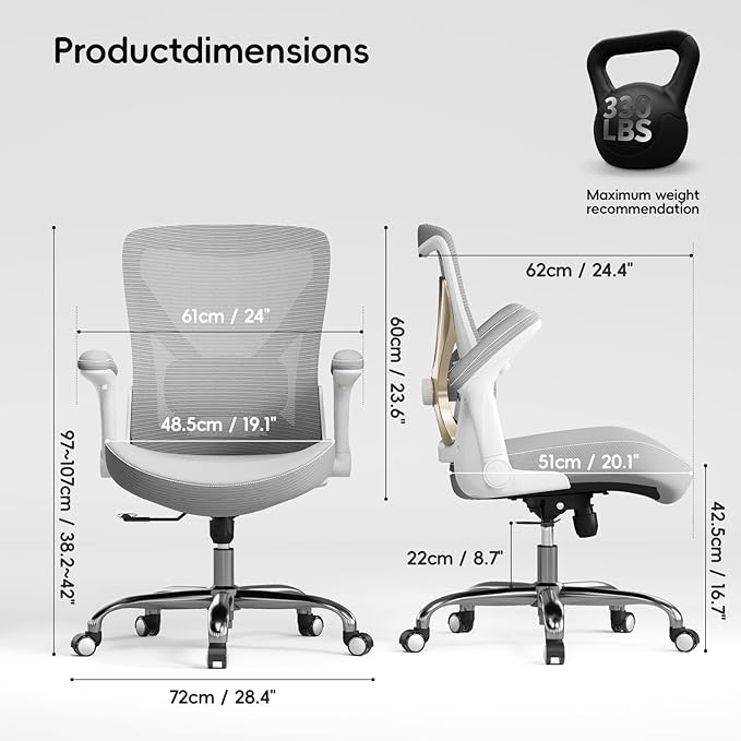 Office Home Ergonomic Desk Chair-Computer X-Shaped Chair Mesh PU Leather with Adjustable Lumbar Support-Executive Chair High Back Flip-Up Arms for Long Hours (Grey-No Headrest)