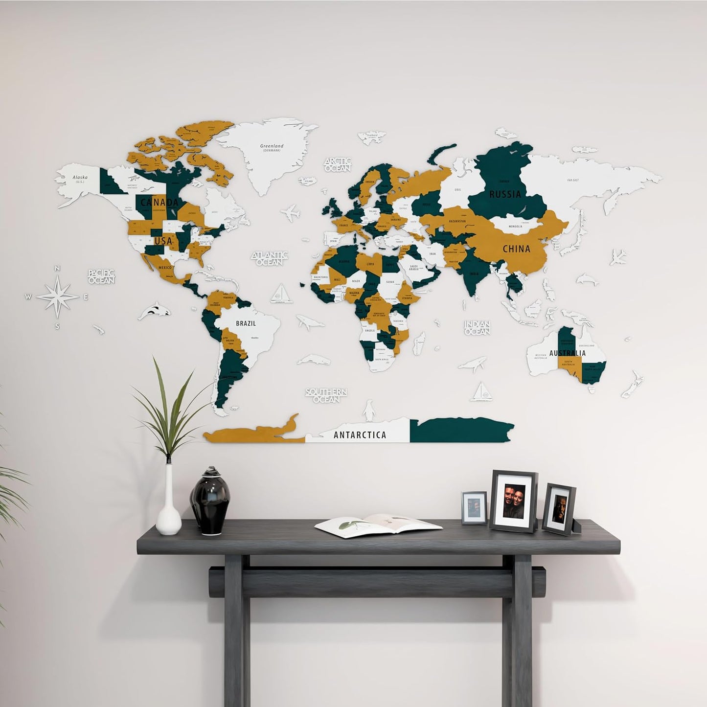 Colorfull Worlds 3D Wooden World Map Wall Art | Unique Wall Decor with Pins for Travel Enthusiasts | Home and Office Wall Décor | Gold-Blue | XXLarge