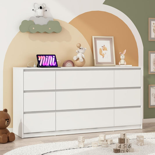 White Malm Dresser for Bedroom, 63 Inch Long 9 Drawers Dresser with Charging Station, Modern Large Wood Chest of Drawers Handle Free for Bedroom, Living Room, Entryway, Hallway, White