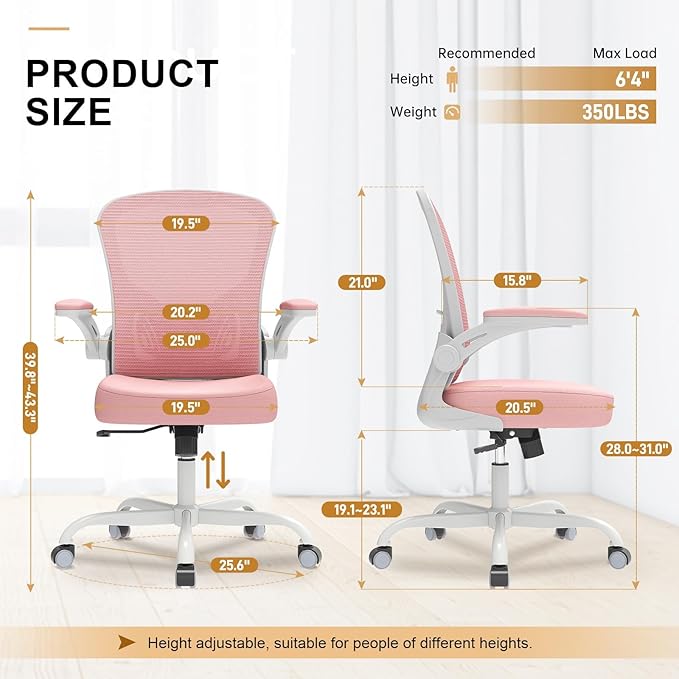 Synorla Office Chair, Ergonomic Desk Chairs 330LBS Capacity High Back Mesh Computer Chair with Flip-up Armrests, Comfy Work Chair with Adjustable Lumbar Support,Gray Pink, One Size