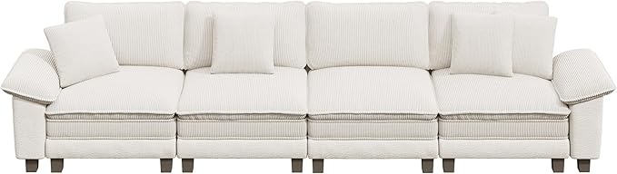 PHI VILLA Cloud Modular Couches Sets, 157.5" Long Sectional Sofa with Upholstered Deep Seat, 4-Seater Couches for Living Room, Chenille Corduroy Dual Fabric, Beige