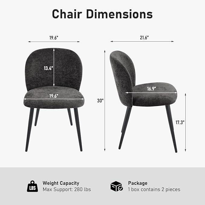 Upholstered Dining Chairs Set of 2, Modern Kitchen Side Chair with Padded Seat Comfortable Chenille Fabric Study Black Matel Legs,Desk Chair with Back for Dining Rooms, Black