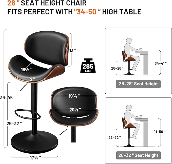 Furniliving Adjustable Bar Stools Set of 2, Swivel Bentwood Barstools Counter Height Bar Stools, Ergonomic Modern Bar Stools with Back Upholstered Barstools for Dining Room, Kitchen, Bar, Black, PU