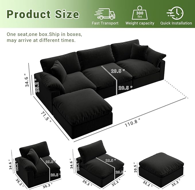 Oversize Cloud Modular Sectional Sofa,110.8" L Shape 3 Seaters with Chaise Down Filled Comfort Sofa Detachable Couch Cushion Covers for Living Room,Black 1