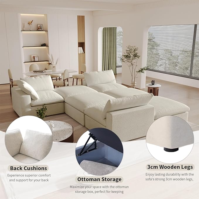 Cloud Modular Sectional Sofa with Storage Ottoman,120.45" L Shaped Couch for Living Room,Down Filled Convertible Couch Deep Seat for Office Apartment,Covers Washable&Replaceable(Khkai)