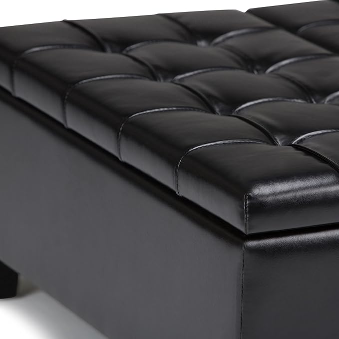 SIMPLIHOME Harrison 36 inch Wide Transitional Square Coffee Table Storage Ottoman in Midnight Black Vegan Faux Leather, Assembled, For the Living Room and Bedroom
