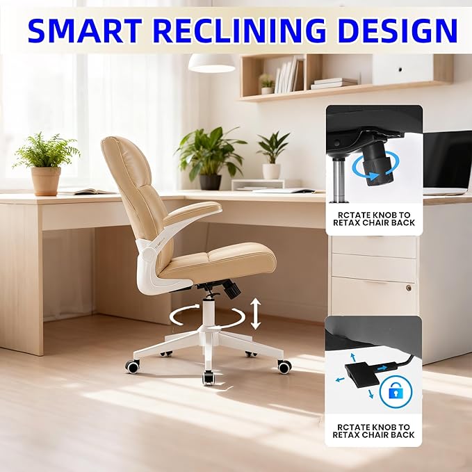 Ergonomic Home Office Desk Chair with Space Saving Flip-Up Arms, 360° Swivel & Reclining Back, High-Back Executive Chair in Soft Faux Leather Chair Multi-Angle from 90° to 135°