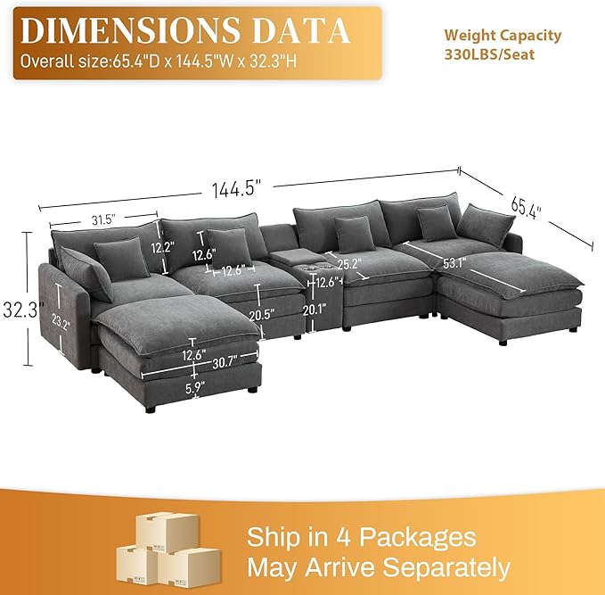 HYJT-H&K 145" U Shaped Cloud Couch Modular Gray Sectional Couches for Living Room, Comfy Fluffy Chenille Oversized Cloud Sectional Couch Large 6 Seat Sectionals Sofa Set Central Console USB Port