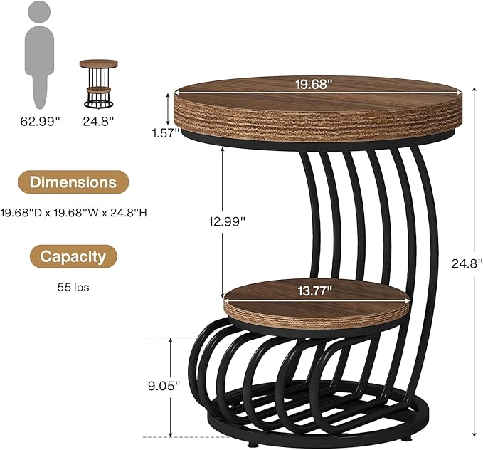 Tribesigns Round End Table, 2-Tier Farmhose Wood Side Table with Shelf Storage, Small Sofa Side Bedside Nightstand, Arc-Shaped Frame Accent Furniture for Living Room, Light Brown