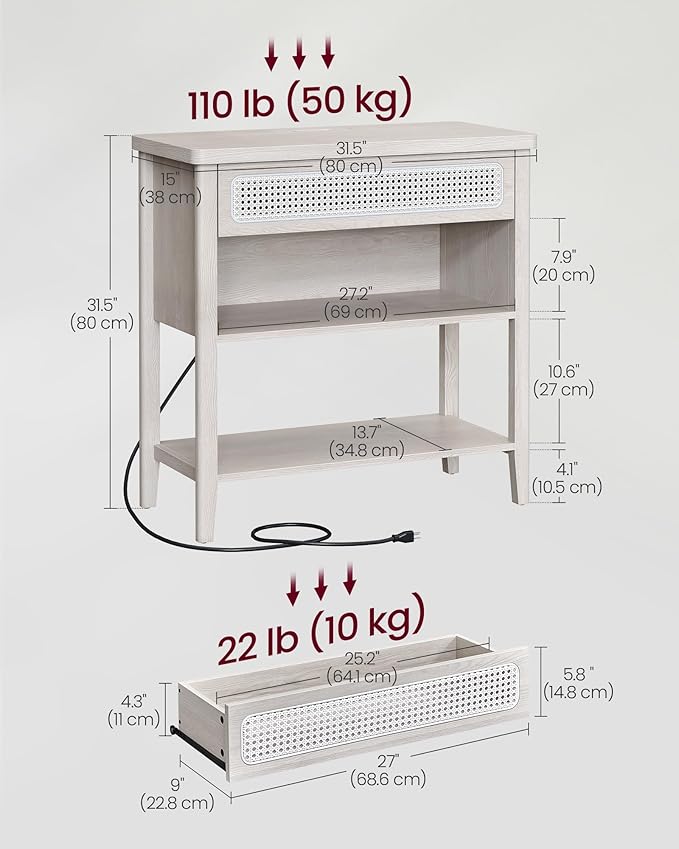 VASAGLE Console Table with Power Outlets, Entryway Table with Storage Shelf, Sofa Table with Drawer, Open Compartment, Rounded Corners, for Living Room, Boho Style, Oatmeal Beige ULNT140K66