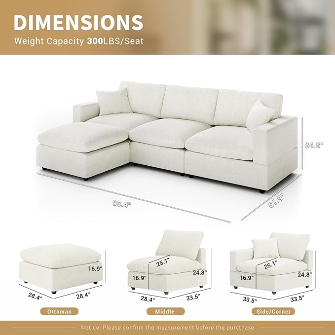 Modern Sectional Linen Couch for Living Room L-Shape Sofas,4 Seat Modular Cloud Sofas,Detachable Couch Cushion Covers,Cozy Feather Down Sofa for Apartment Cream White