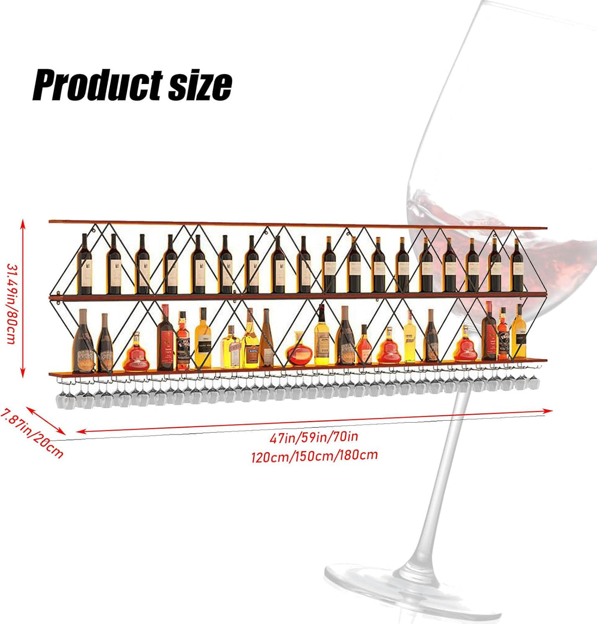 71in Wine Rack Wall Mount with Glass Holder, 3-Tier Floating Wine Rack, DIY Multi-Function Bar Wine Bottle Display Rack for Commercial Restaurants, Tea Rooms, Bars, Wine Cellars