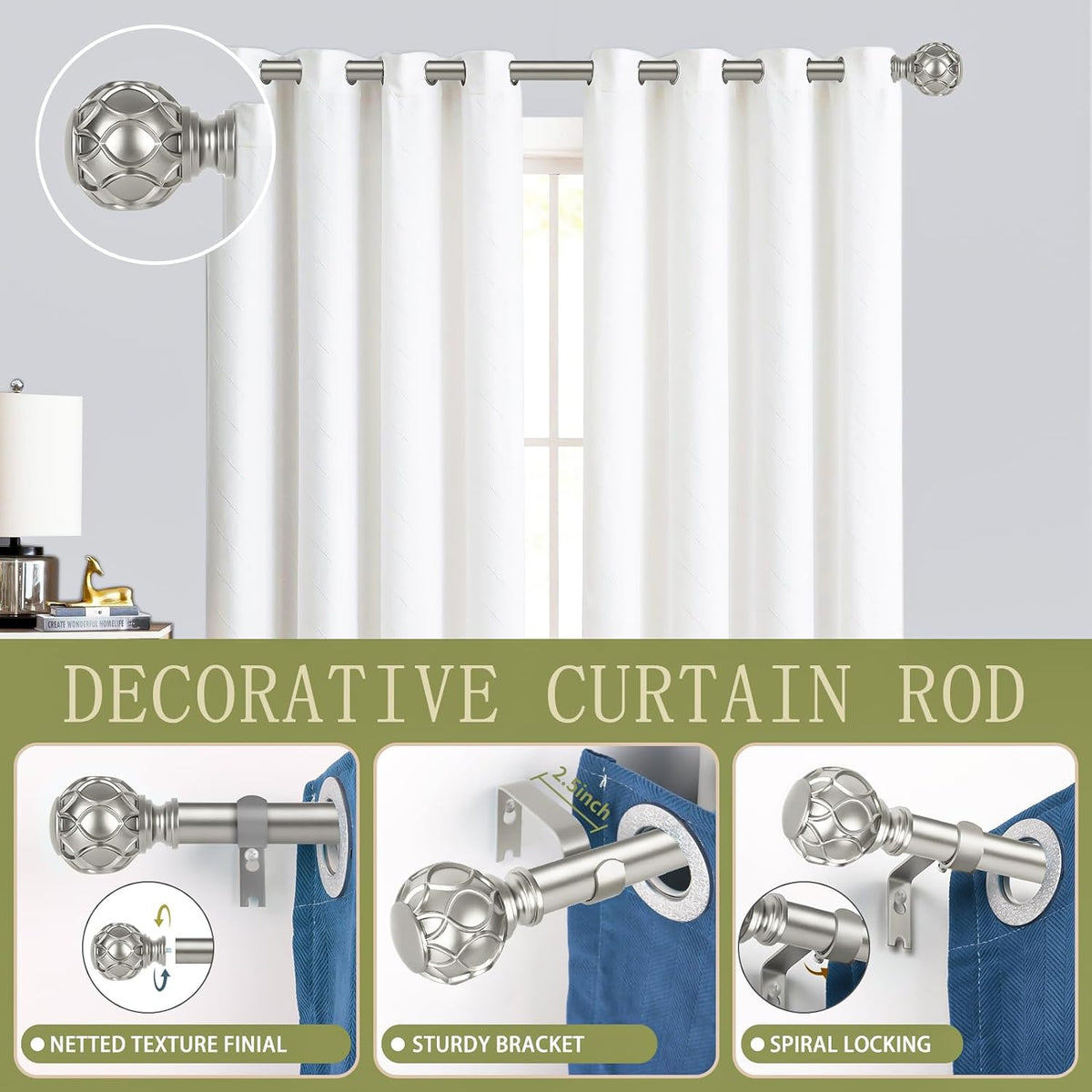 Silver Adjustable Curtain Rods for Windows:18-45 Inch Farmhouse Heavy Duty Curtain Rod for Bedroom Living Room,Boho Decorative Rustic Drapery Rods with Vintage Coastal Finial,Antique Silver