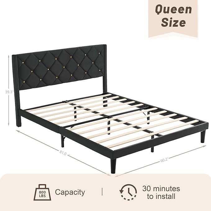 Queen Size Platform Bed Frame with Velvet Upholstered Headboard and Sturdy Wooden Slats Support,Mattress Foundation，Easy Assembly, No Box Spring Needed,Slip Resistant (Black, Queen)