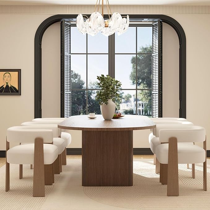 Upholstered White Velvet Dining Chairs Set of 4, Boho Modern Barrel Accent Armchairs, Thick Padded Seat & Natural Wooden Legs, Mid Century Inspired Kitchen/Dining Room Chairs, Creamy White