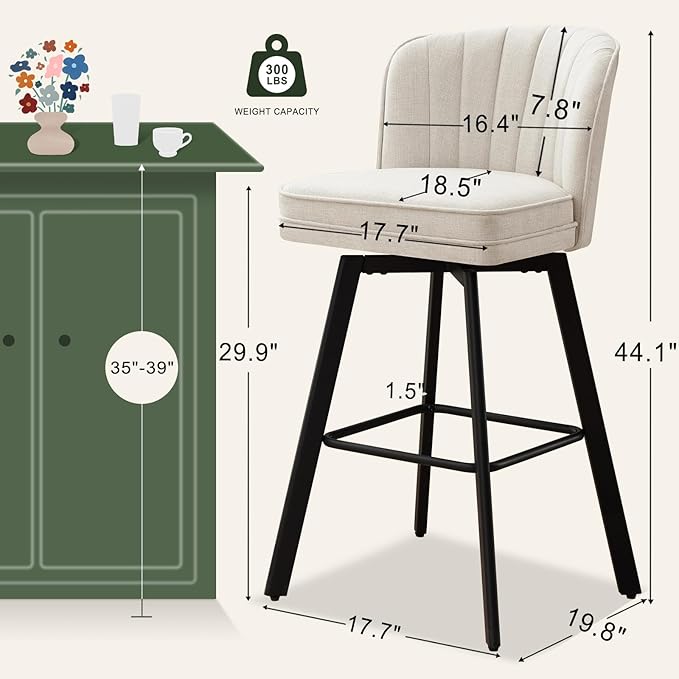 Swivel Counter Height Bar Stools Set of 2, 30'' Modern Barstools with Backs and Metal Legs, Upholstered Bar Chairs, Beige, Fabric Stools for Kitchen Island Chairs