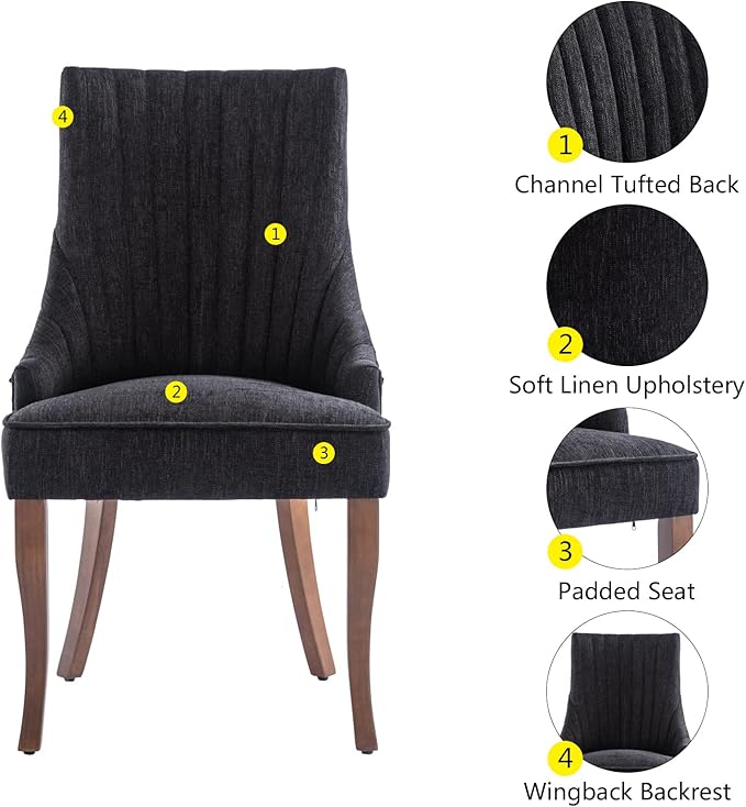 mikibama Linen Dining Chairs Set of 6 Channel Tufted Kitchen Dinner Chair Comfy Fabric Upholstered Accent Chair for Dining Room with Solid Wood Legs (Black 6pc)
