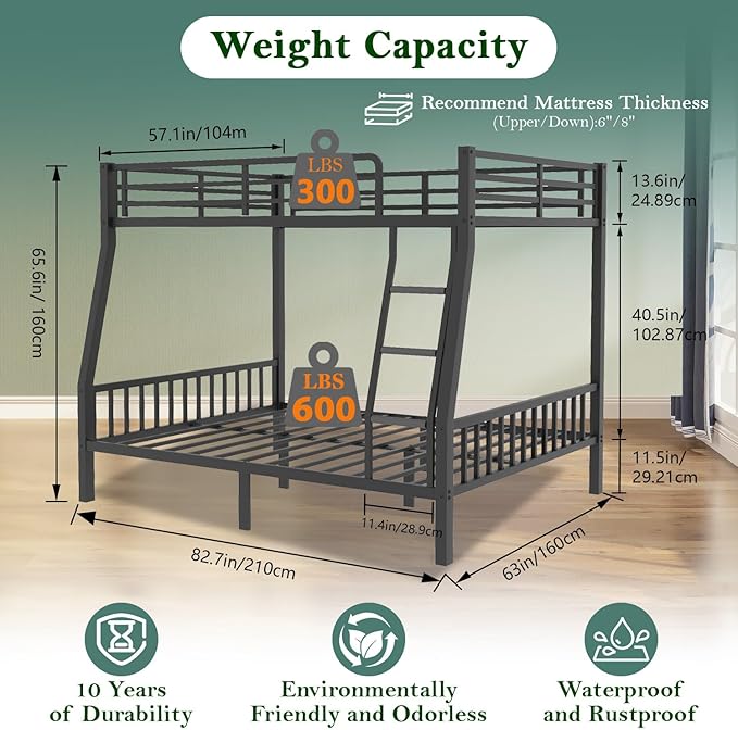 Bunk Bed Full XL Over Queen, Heavy Duty Metal Bunk Bed Frame, Queen bunk Bed with Guardrail Heavy Duty Bunk Bed Frame for Adults - Teens Dorm Bedroom Guest Room（Black）