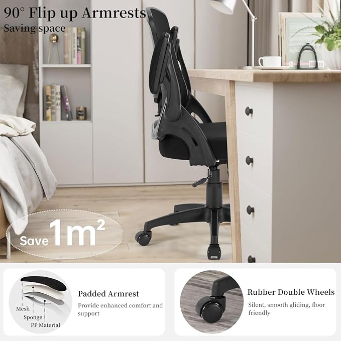 Office Chair Ergonomic, Comfy Desk Chair with Flip up Arms, Mesh Computer Chair with Adjustable Lumbar Support, Home Office Chairs 300 Lbs Capacity
