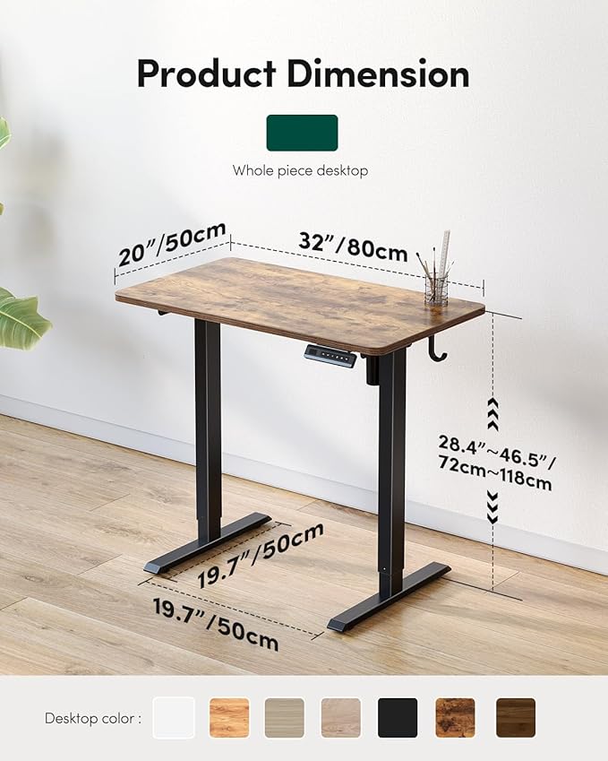 FEZIBO One-Piece Standing Desk Adjustable Height Stand up Home Office Desk, 32x24 Inch Electric Standing Computer Desk, with 4 Memory Presets, Headphone Hook, Rustic Brown