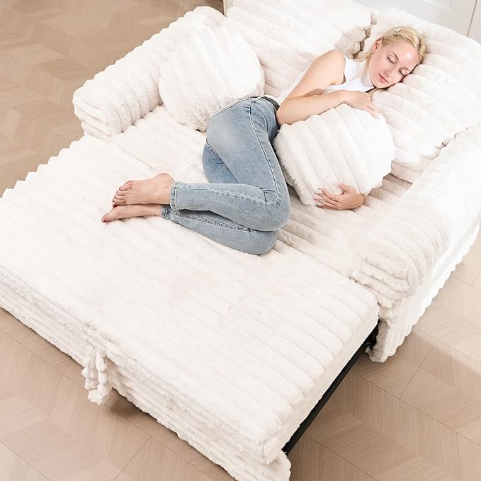 Belffin Upholstered Chaise Lounge Pull Out Sofa Bed with Pillows Couch Bed Sofa Pull Out Couch Sleeper Chair with Rolled Armrests for Living Room Plush Corduroy (White)