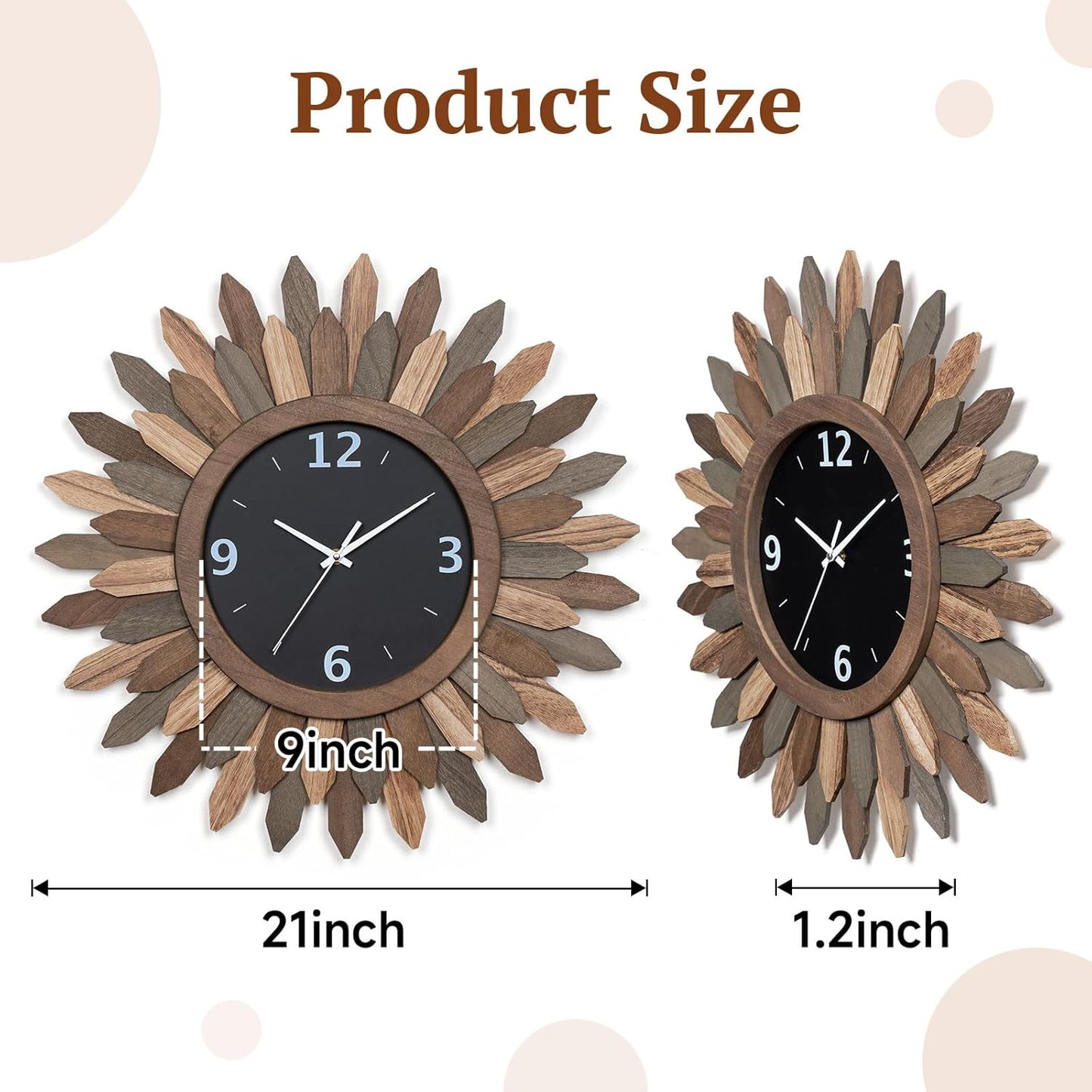 Honiway Large Wall Clock Battery Operated 21 in Rustic Wood Boho Sunburst Decorative Wall Clock Silent Non Ticking Farmhouse Wall Clocks for Living Room Bedroom Kitchen Bathroom Decor (Tricolor)