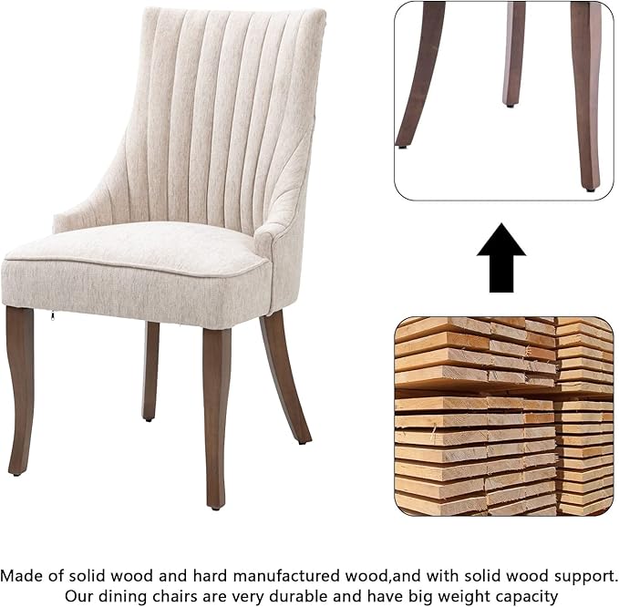 mikibama Linen Dining Chairs Set of 4 Channel Tufted Kitchen Dinner Chair Comfy Fabric Upholstered Accent Chair for Dining Room with Solid Wood Legs (Beige 4pc)