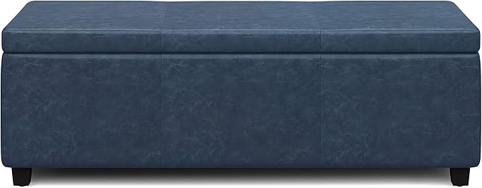SIMPLIHOME Avalon Storage Ottoman Bench - 48 inch Wide Upholstered Vegan Leather Rectangular Lift-Top Ottoman in Denim Blue, Contemporary Storage Bench for Living Room with High-Density Foam