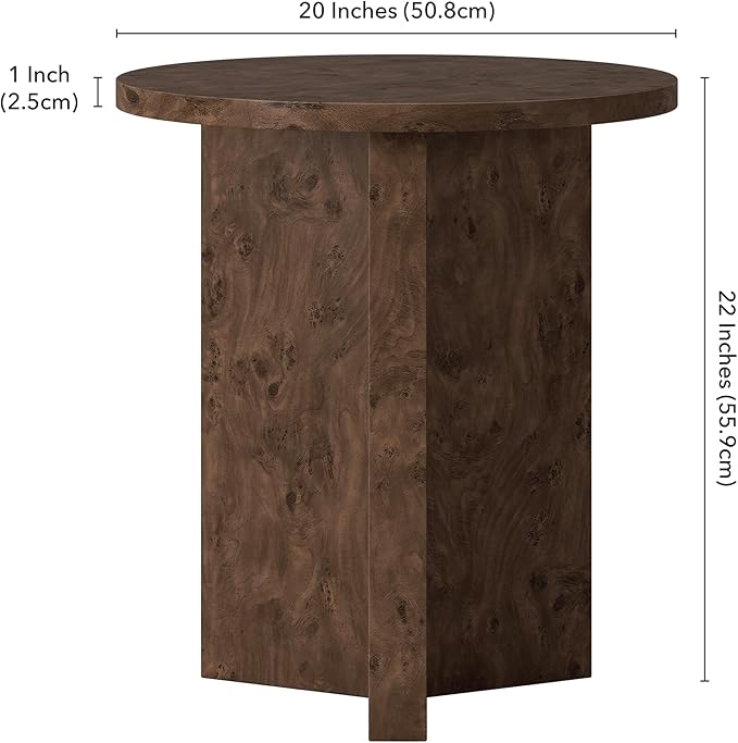 Henn&Hart 20" Scandinavian Round Wooden End Table, Side Table, Nightstand with X-Base for Living Room, Office, Family Room, or Bedroom, Espresso Burl