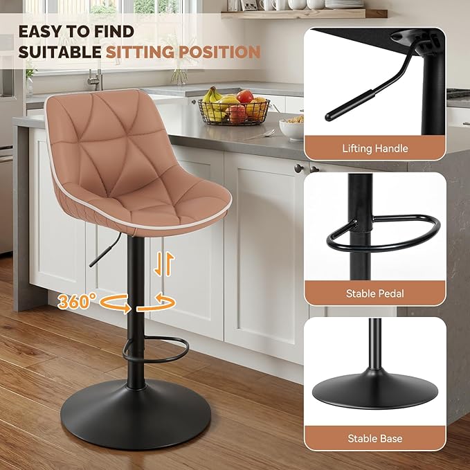 Nalupatio Bar Stools Set of 2, Adjustable Swivel Counter Height Bar Stools with Back, Armless Modern Barstools for Kitchen Island & Home Bar, Upholstered Seat,（Terracotta）