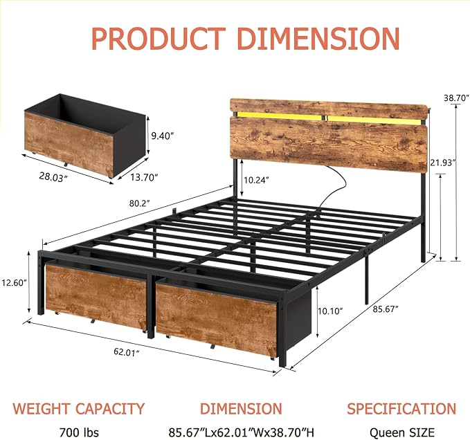 Forestell Queen Bed Frame with Wood Headboard, Metal Platform Bed with 2 Storage Drawers & Shelf, Built-in Charging Station & LED Lights, No Box Spring Needed, Vintage Brown, Cama Queen Size