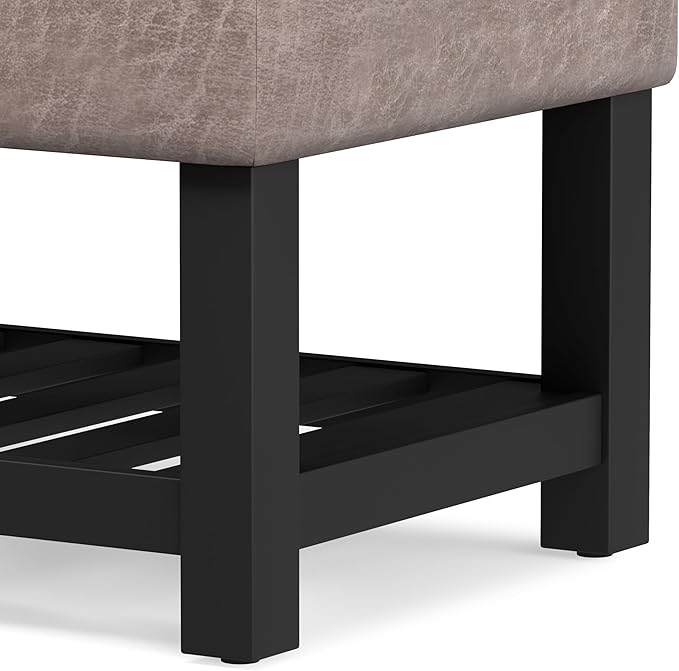 SIMPLIHOME Cosmopolitan Storage Ottoman Bench - 44 inch Wide Upholstered Vegan Leather Rectangle Storage Ottoman in Distressed Grey Taupe, Transitional Bench for Bedroom with Tufted Lift-Top and Shelf
