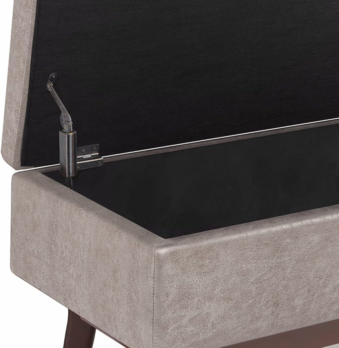 SIMPLIHOME Owen 36 inch Wide Mid Century Modern Small Rectangular Storage Ottoman in Distressed Grey Taupe Vegan Faux Leather, Assembled, For the Living Room, Entryway and Family Room