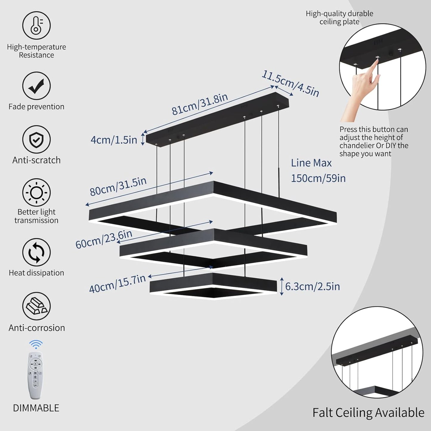 Modern LED Square Chandelier, 3 Ring Dimmable for Living, Dining, Bedroom & Foyer - High Ceiling Hanging LED Pendant Light Fixture (Black)