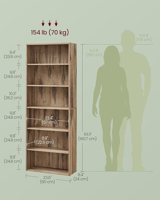 VASAGLE Custos Collection - Bookshelf, 6-Tier Bookcase, Book Shelf, Open Storage Shelf, 9.4 x 23.6 x 63.3 Inches, for Living Room, Home Office, Dinning Room, Camel Brown ULBC166T50