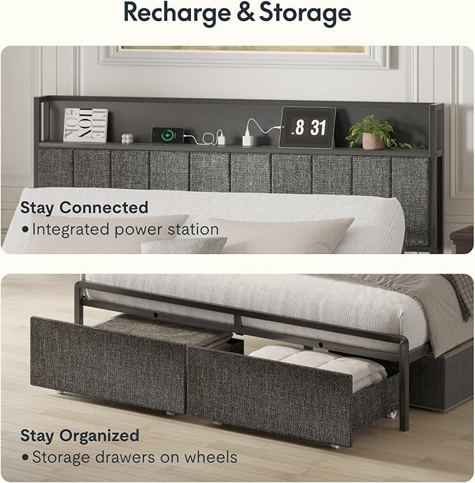 FLEXISPOT Queen Adjustable Bed + 10" Cooling Gel Memory Foam Mattress, Storage Headboard, Charging Station, LED Light, Drawers, Quiet DC Motor, Easy Assembly – Bonus 4-Piece Queen Sheet Set Included