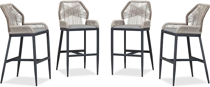 PURPLE LEAF 4 Pieces Bar Stools Patio Modern Rattan Barstools Aluminum Woven Tall Bar Chairs with Cushions for Outdoor Kitchen Island Garden