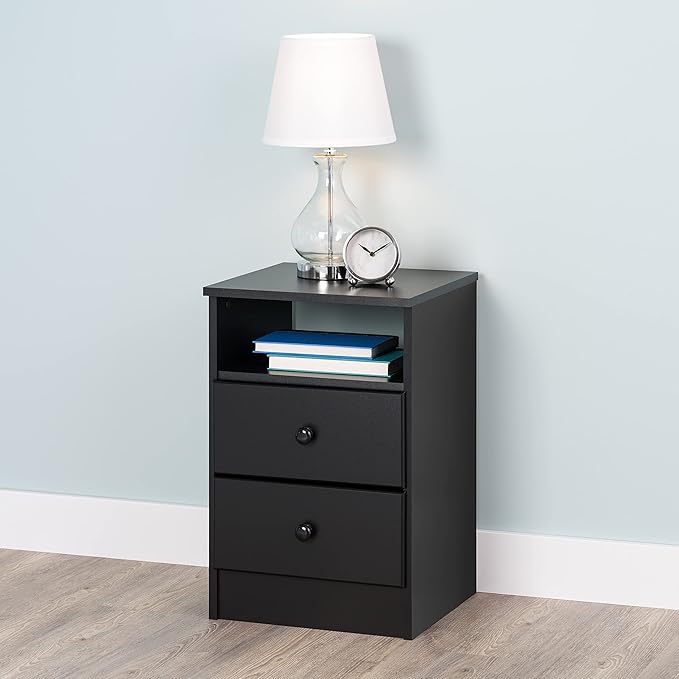 Prepac Astrid Simplistic Nightstand Side Table with 2 Drawers and Open Shelf, Functional Bedside Table 15.5" D x 16" W x 24.5" H, Black, BDNH-0402-1