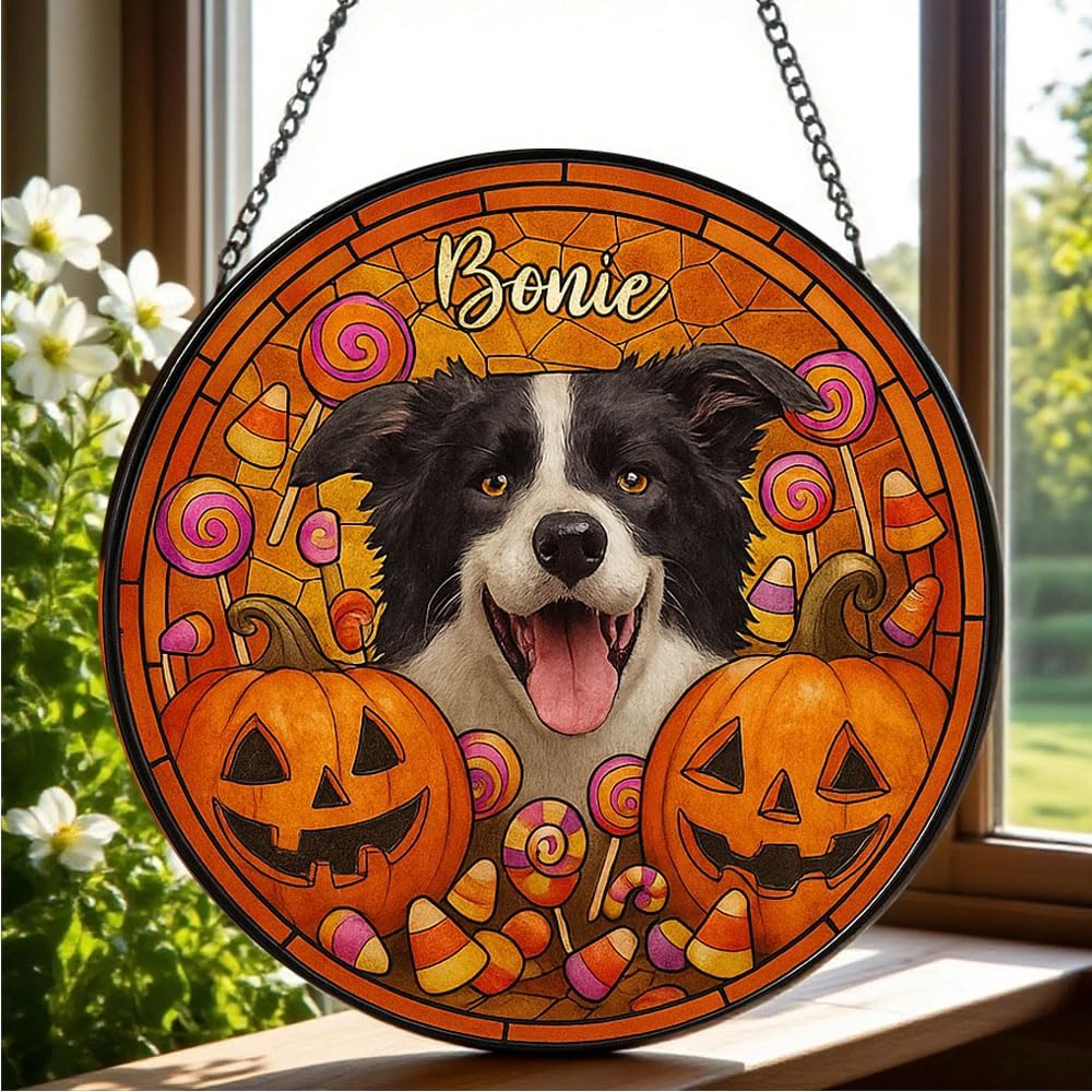 Personalized Halloween Dog Glass Window Hanging Ornament,Custom Pet Photo Ornament, Unique for Dog Lovers,Customized Pet Keepsake for Spooky Season, Fall Holiday Décor /5
