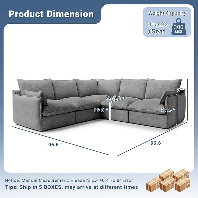 Cloud Modular Sectional Sofa, Waterproof Down Filled Sectional Sofas, High Backrest V Shaped 5 Seater Sectional Couches for Living Room, Modern Modular Couch with Removable Cover, Dark Gray