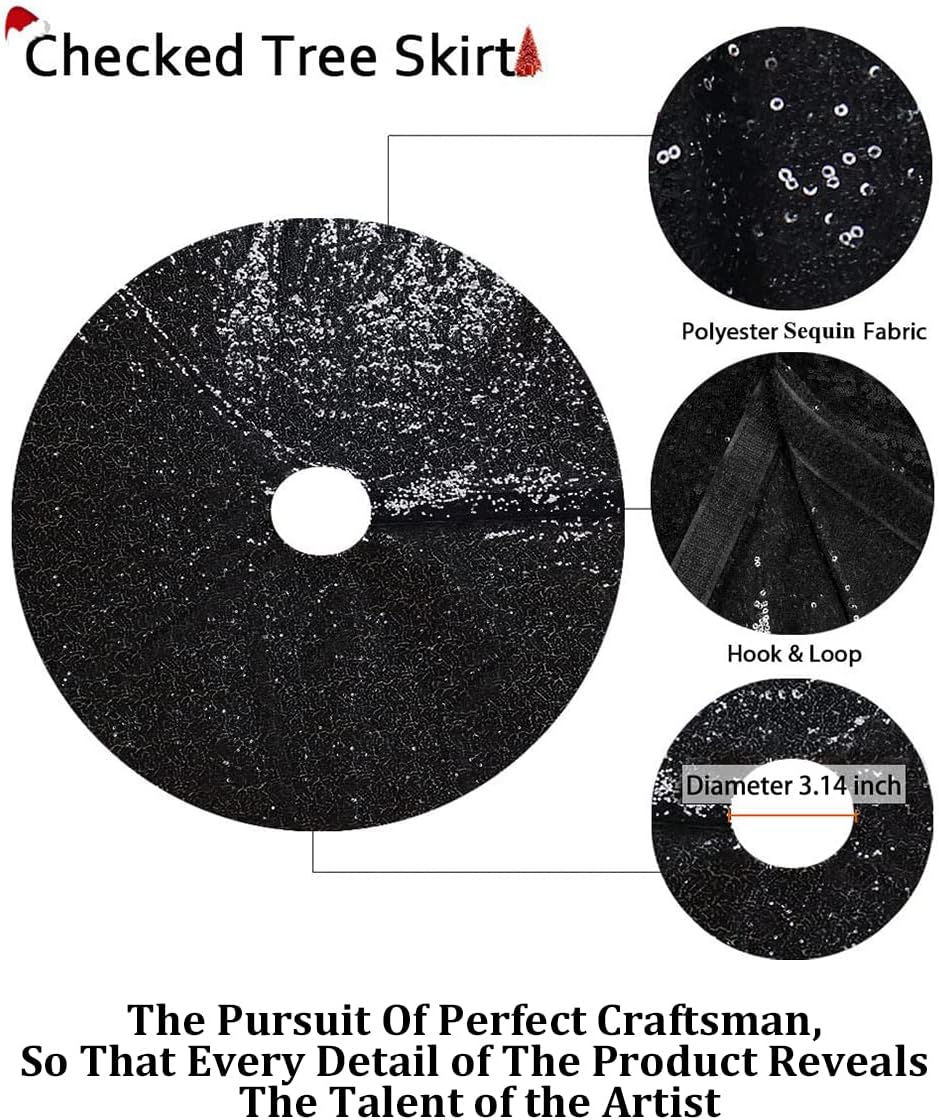 Partisout 48 Inch Black Sequin Christmas Tree Skirt - Glitter Holiday Decor for Xmas, Halloween, Winter Parties