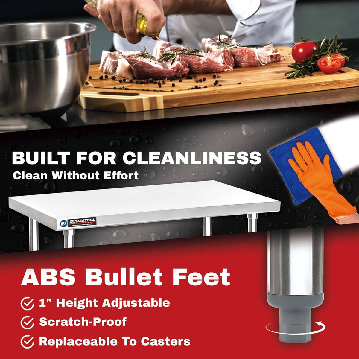 DuraSteel Stainless Steel Work Table 30" x 72" x 34" Height w/ 4 Caster Wheels - Food Prep Commercial Grade Worktable - NSF Certified - Good for Restaurant, Business, Warehouse, Home, Kitchen, Garage