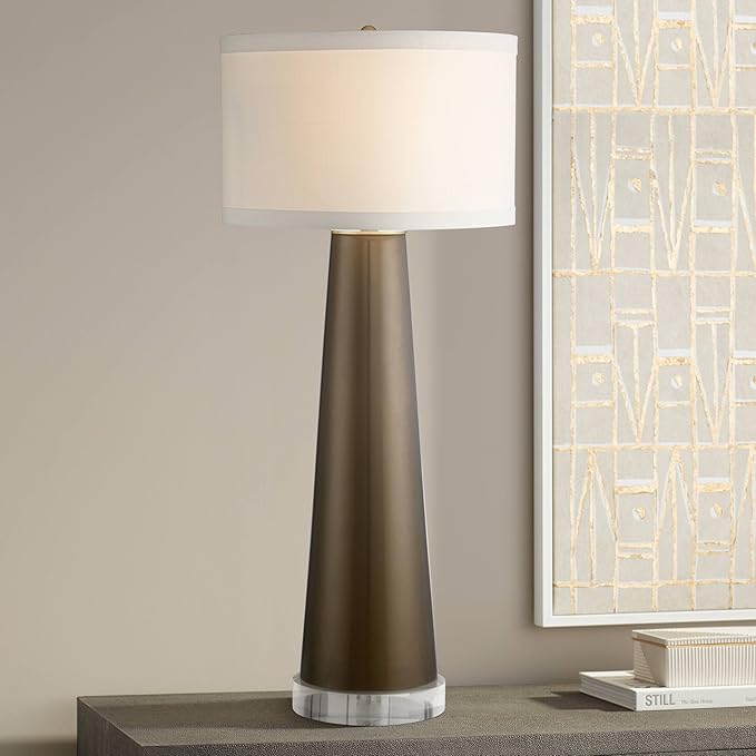 Possini Euro Design Karen Modern Table Lamp 37 1/2" Tall with Clear Round Riser Dark Gold Glass Column Off White Fabric Drum Shade for Bedroom Living Room House Bedside Nightstand Office Entryway