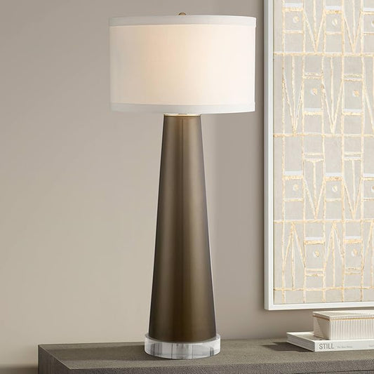 Possini Euro Design Karen Modern Table Lamp 37 1/2" Tall with Clear Round Riser Dark Gold Glass Column Off White Fabric Drum Shade for Bedroom Living Room House Bedside Nightstand Office Entryway