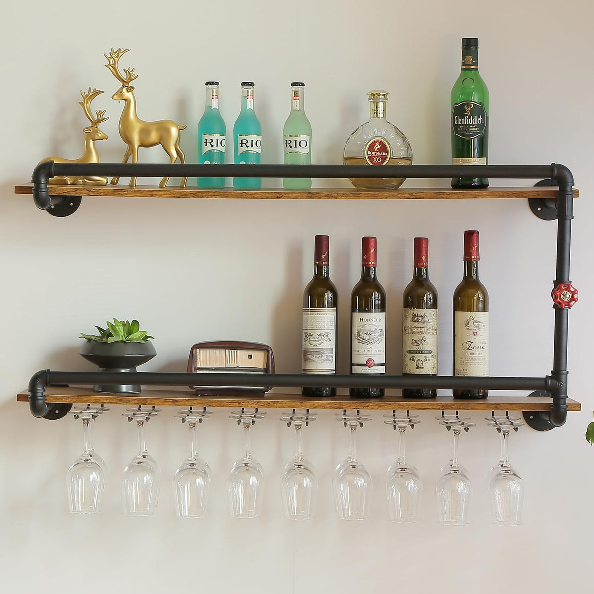41 Inch Wine Rack Wall Mounted 2 Tier, Hanging Floating Bar Liquor Shelves with Glass Holder Storage Under, Industrial Rustic Pipe Farmhouse Kitchen Decor Black