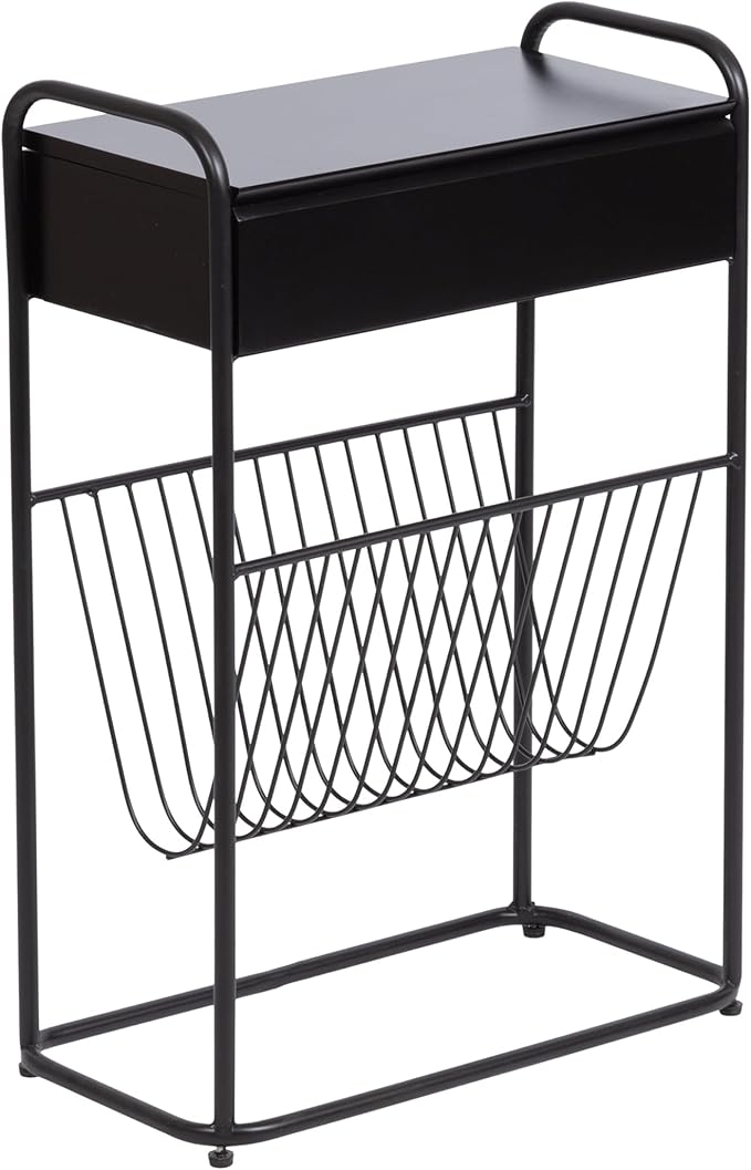 Kate and Laurel Kura Elegant Narrow Side Table, 19 x 9 x 26, Black, Modern Glam Slim Lift-Top Living Room End Table with Bottom Wire Rack for Entryway or Family Room Storage