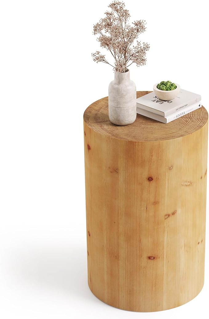 LITTLE TREE Small End Table, Wood Round Drink Table, Farmhouse Side Table for Small Spaces, Modern Plant Stand, Accent Cocktail Table for Living Room, Bedroom Nightstand, Wooden Pedestal Natural