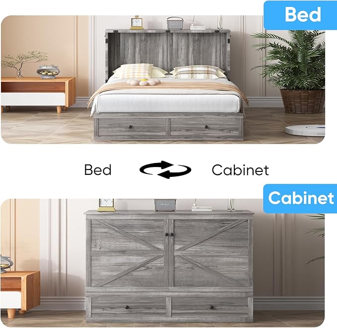 Mjkone Murphy Bed, Cabinet Murphy Bed with Tri-Fold Memory Foam Mattress, Farmhouse Wooden Cabinet Beds with USB Charging Station and 2 Storage Drawers for Bedroom/Office/Guest Room-Gray, Queen